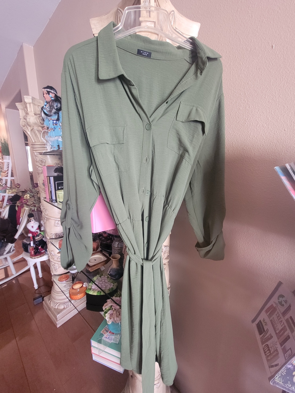 Button-Front Olive Green Shirt Dress with Waist Tie